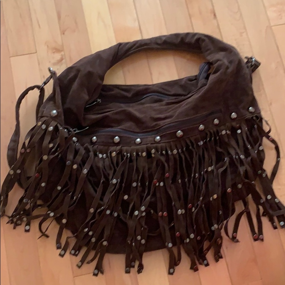 Brown suede fringe bag